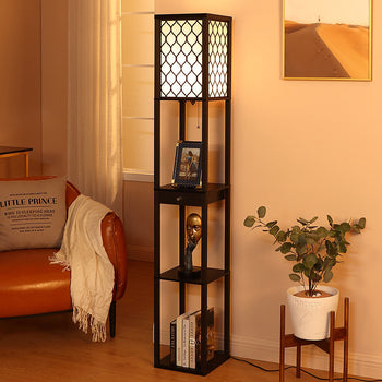 Modern Wooden Storage Shelf LED Floor Lamp For Bedroom