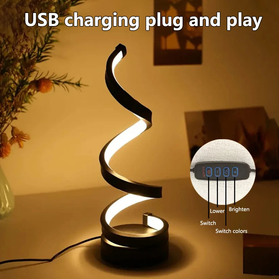 5V USB LED Table Lamp Modern Creative Spiral Desk Light 3 Colors Dimmable for Bedroom Living Room Office Bar Decoration Lighting