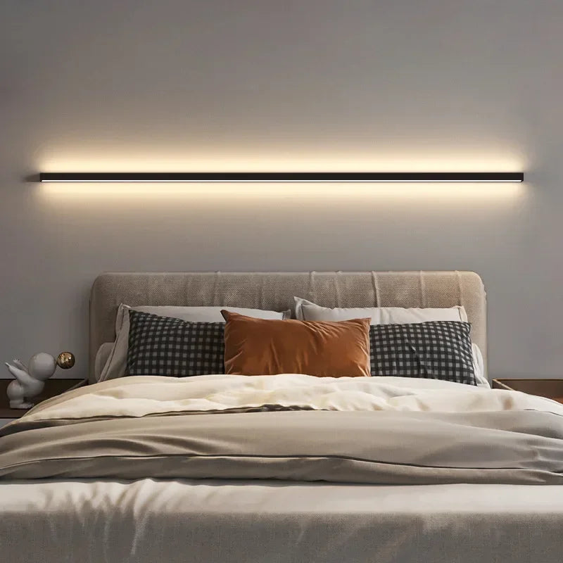 Modern Minimalist Bedroom, Narrow and Slender Strip Wall Lamp at the Head of the Bed, Background Wall, Room Lighting Decoration